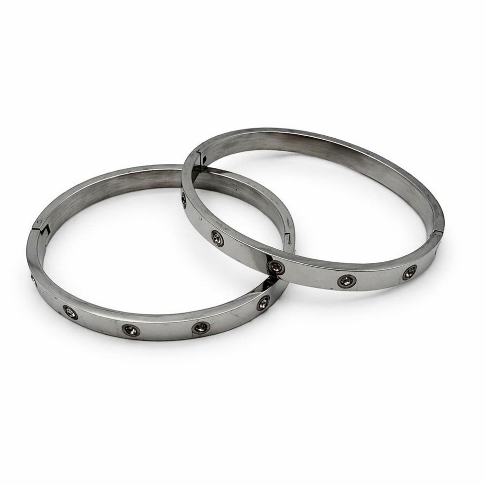 Set of 2 Silver‎ Tone Bangle Bracelets with Crystal Accents – Stainless Steel